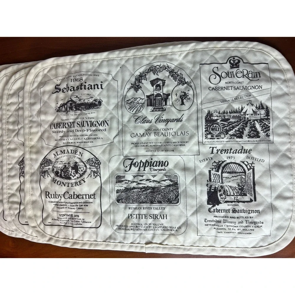 Vintage 1970's California Napa Wine Label‎ Quilted Placemats & Napkins Lot of 8